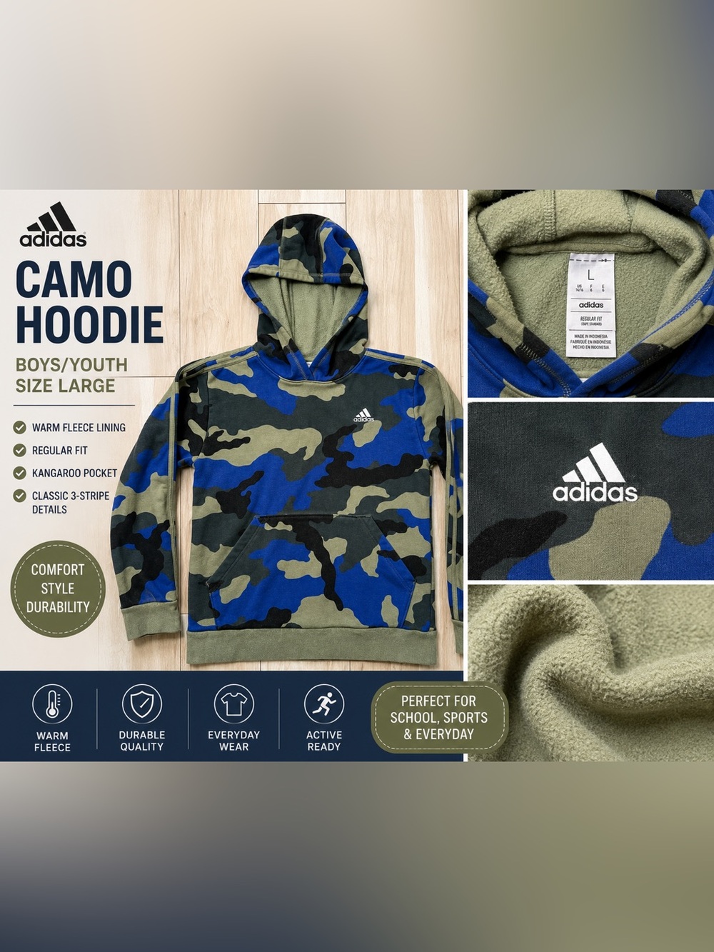 Adidas Youth Large Blue Camo Fleece Hoodie Pullover Sweatshirt Kids Unisex 14/16
